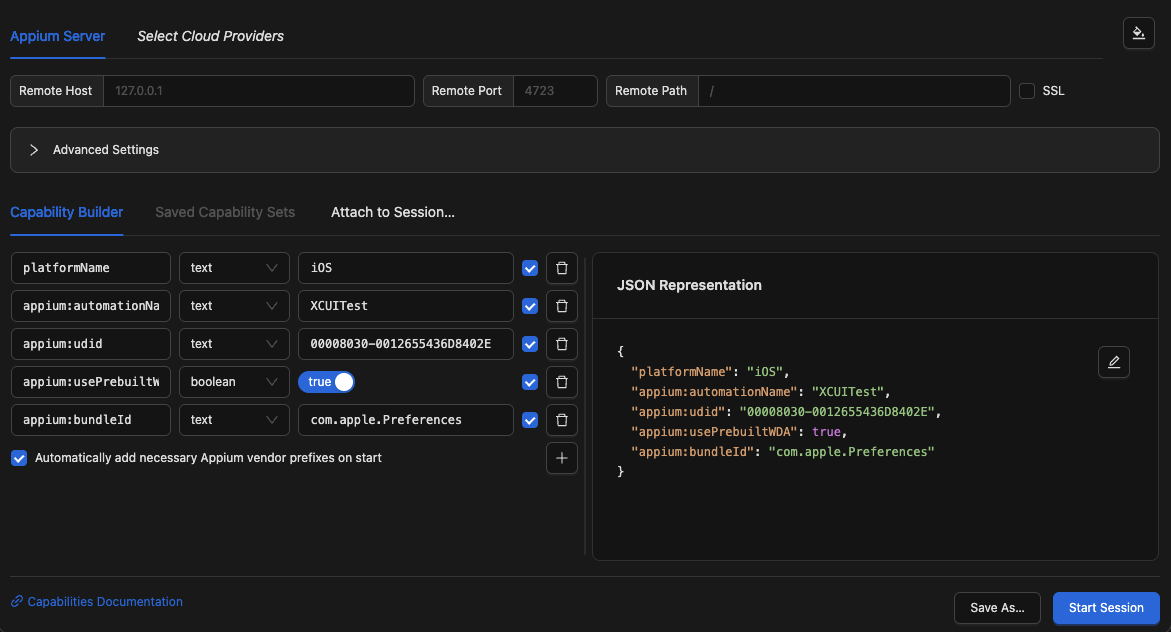 Appium Inspector Session